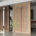 Modern Wooden Double Doors With Vertical Slats In Interior Space With Potted Plant And Mirror