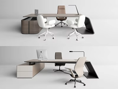 Modern Office Desk Setup With White Chairs Computer Monitor And Drawer Cabinet 3d model