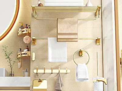 Elegant Bathroom Accessories With Golden Towel Racks Shelves Hooks And Hanging Towels 3d model