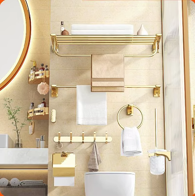 Elegant Bathroom Accessories With Golden Towel Racks Shelves Hooks And Hanging Towels 3d model