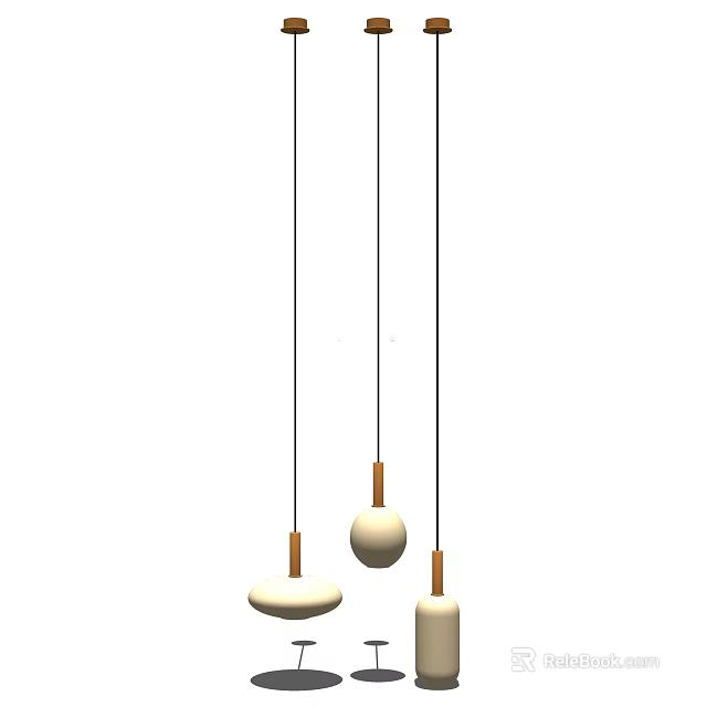 Three Modern Pendant Lights with Black Cords White Spherical Disc Shades and Golden Connectors 3d model 
