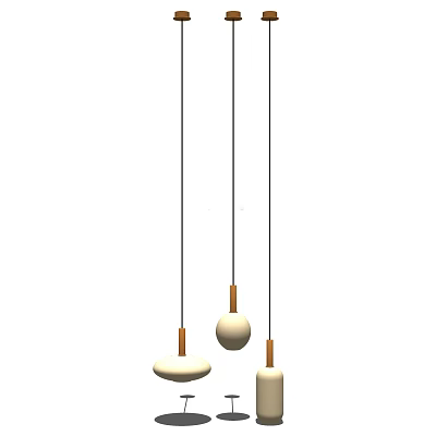 Three Modern Pendant Lights with Black Cords White Spherical Disc Shades and Golden Connectors 3d model