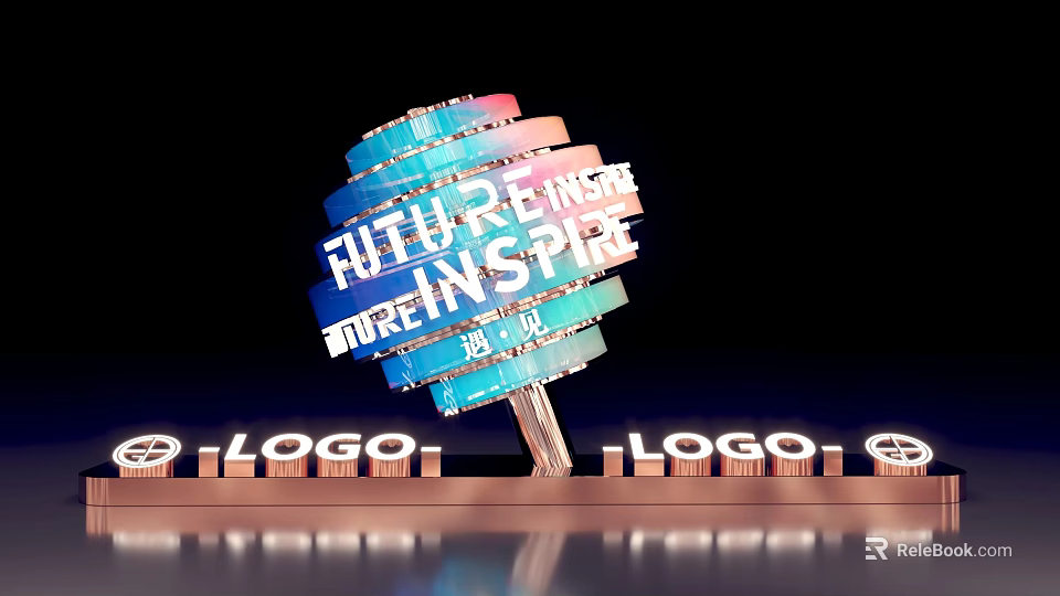 Colorful 3D Structure Photo Check In Spot with FUTURE INSPIRE Lettering and Logo Elements 3d model 