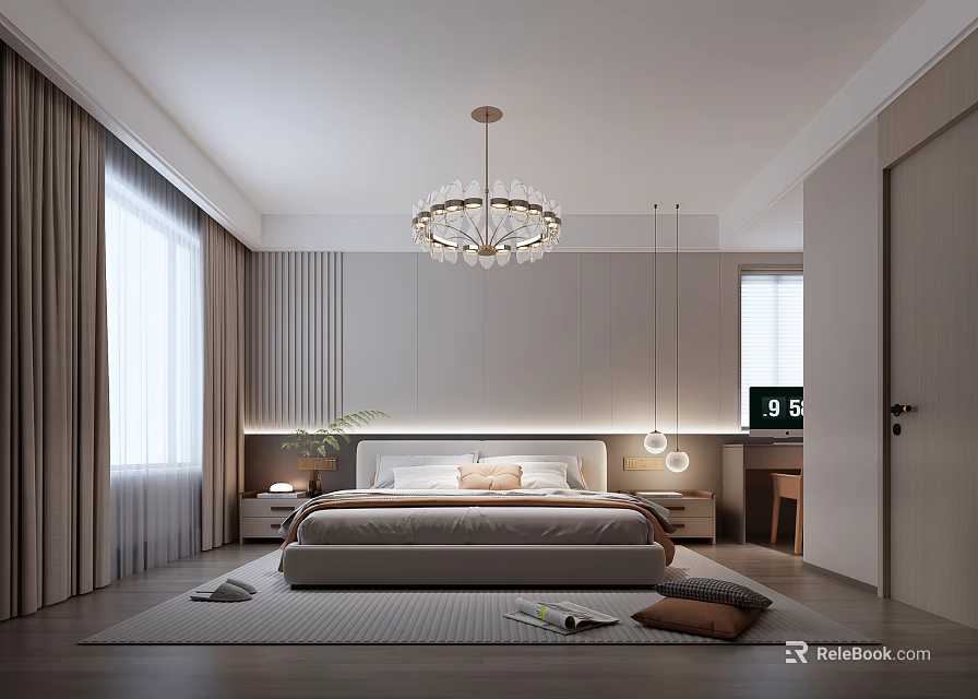 Modern Bedroom Interior With Chandelier Bedside Tables Area Rug And Natural Light 3d model 