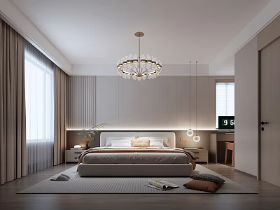 Modern Bedroom Interior With Chandelier Bedside Tables Area Rug And Natural Light 3d model