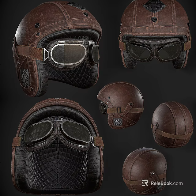 Vintage Brown Leather Helmet With Goggles Various Angles And Details 3d model 