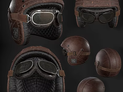 Vintage Brown Leather Helmet With Goggles Various Angles And Details 3d model