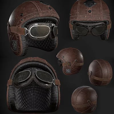 Vintage Brown Leather Helmet With Goggles Various Angles And Details 3d model
