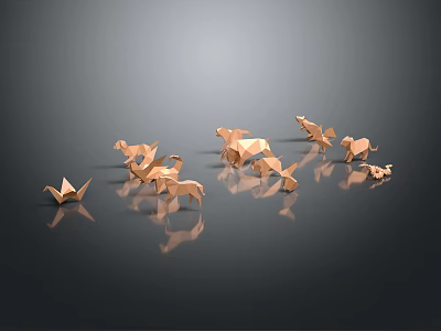 Decorative Ornament Set Featuring Copper Colored Origami Animal Figures On Black Smooth Surface With Reflections 3d model