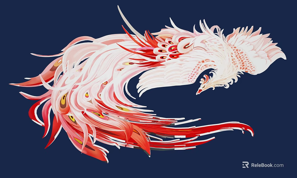 Mythical Game and Movie Character Phoenix with White Red Long Feathers on Deep Blue Background 3d model 