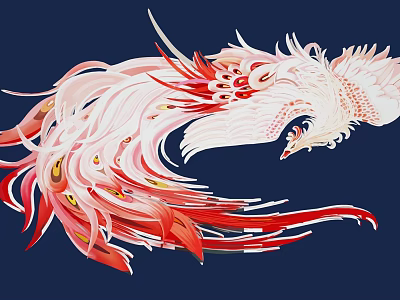 Mythical Game and Movie Character Phoenix with White Red Long Feathers on Deep Blue Background 3d model