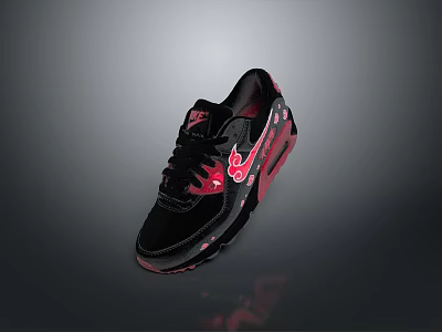 Black And Red Sports Sneakers With Flame Pattern Air Cushion And Rubber Sole 3d model