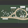 Cartoon Scene Featuring Green Ground Palm Trees Curved Path And Small Buildings