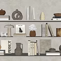Minimalist Bookshelf Decorative Ornament Combinations with Clay Pots Vases Table Lamps Books and Sculptures