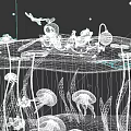 Aquatic Animals In Boat With Yellow Pet On Purple Water With Lilies Jellyfish Glowing Lantern