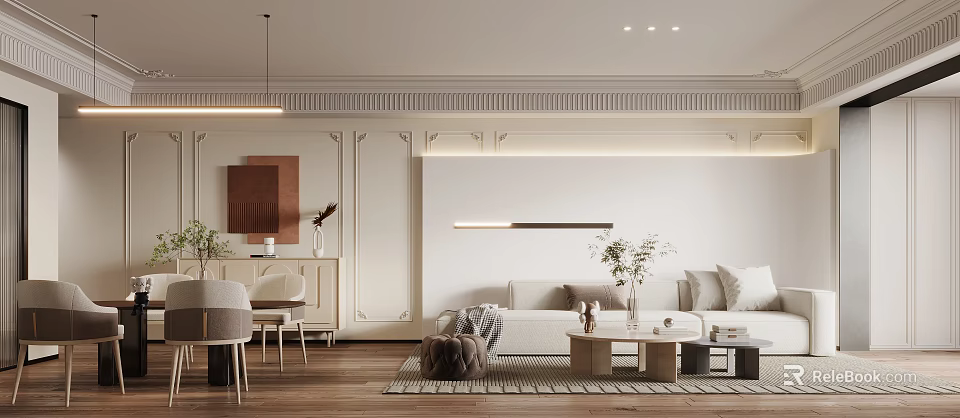 Modern Living Dining Room With Beige Sofa Wooden Floor And Decorative Plants 3d model 