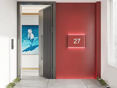 Modern Entryway Design With Red Wall House Number 27 Decorative Painting And Lighting 3d model