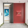 Modern Entryway Design With Red Wall House Number 27 Decorative Painting And Lighting