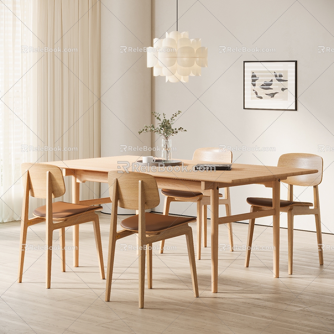 Nordic Dining Table and Chair Combination Cream Style Dining Table Dining Chair Single Chair Chandelier 3d model