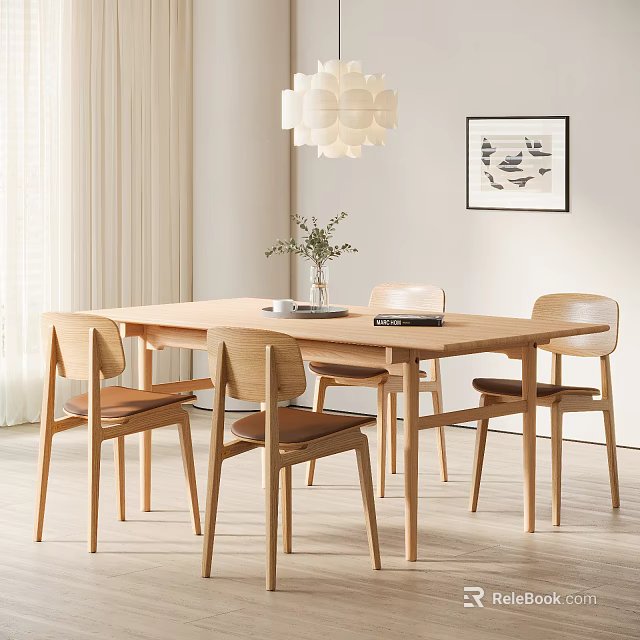 Wooden Dining Table And Chairs In Modern Dining Room With Vase Books Pendant Light Curtains 3d model 