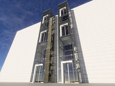 Modern Glass Facade Elevator In High Rise Building With White Wall And Blue Sky 3d model