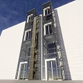 Modern Glass Facade Elevator In High Rise Building With White Wall And Blue Sky