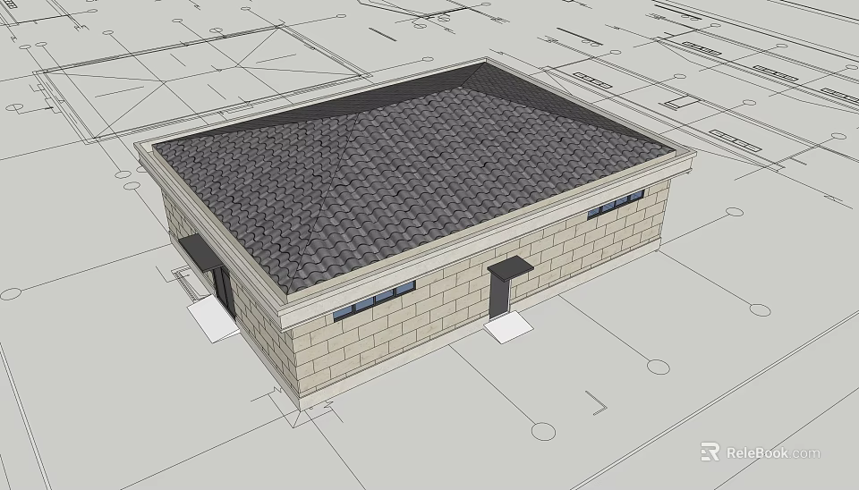 Single Story Building Exterior With Stone Wall Black Tile Roof Door And Windows 3d model 