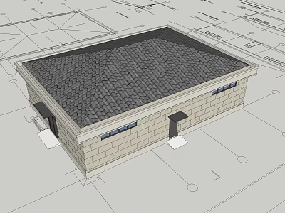Single Story Building Exterior With Stone Wall Black Tile Roof Door And Windows 3d model