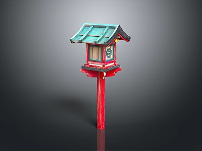 Japanese Traditional Lantern With Green Roof And Red Pole Decorative Design 3d model