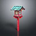Japanese Traditional Lantern With Green Roof And Red Pole Decorative Design