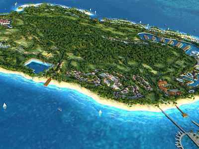 Lush Tropical Island Landscape Garden with Sandy Beach Clear Blue Waters and Green Vegetation 3d model