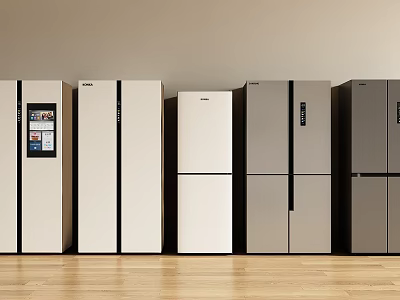 Various Colors Different Styles Refrigerators Lined Up On Wooden Floor With Light Colored Wall 3d model