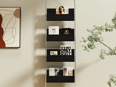 Modern Multi Tiered Display Shelf With Books Magazines Green Plant And Wall Art 3d model