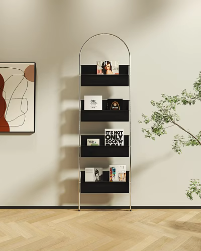 Modern Multi Tiered Display Shelf With Books Magazines Green Plant And Wall Art 3d model