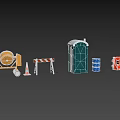 Construction Site Featuring Portable Toilet Concrete Mixer Traffic Cone Barricade And Red Ladder