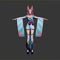 Anime Style Cat Ear Girl Character With Colorful Blue Green Pink Outfit And Flowing Sleeves