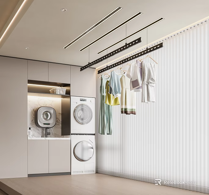 Modern Home Balcony Laundry Space With Washing Machine Dryer Hanging Clothes Marble Countertop And Blinds 3d model 