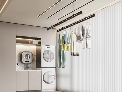 Modern Home Balcony Laundry Space With Washing Machine Dryer Hanging Clothes Marble Countertop And Blinds 3d model