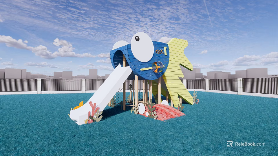 Colorful Fish Shaped Playground Equipment With Slide And Lawn Background 3d model 