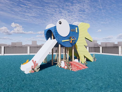 Colorful Fish Shaped Playground Equipment With Slide And Lawn Background 3d model