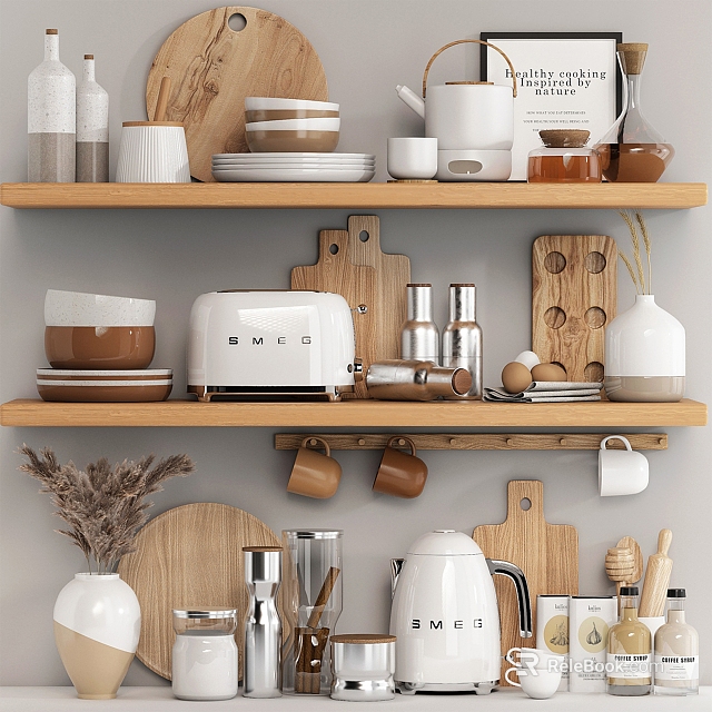 Organized Kitchenware on Shelves With Toaster Cups Plates Wooden Boards Mugs and Kettle 3d model 