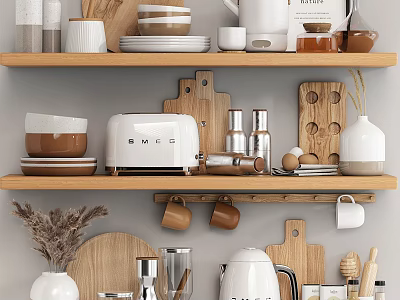 Organized Kitchenware on Shelves With Toaster Cups Plates Wooden Boards Mugs and Kettle 3d model