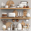 Organized Kitchenware on Shelves With Toaster Cups Plates Wooden Boards Mugs and Kettle