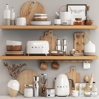 Organized Kitchenware on Shelves With Toaster Cups Plates Wooden Boards Mugs and Kettle 3d model