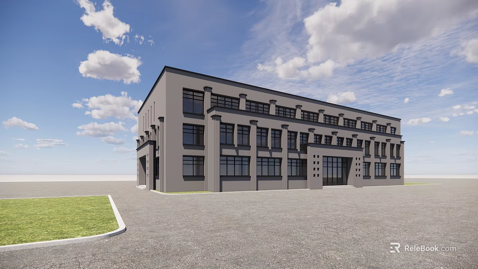 Modern Office Building Exterior With Large Glass Windows Symmetric Structure And Open Area 3d model 