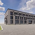 Modern Office Building Exterior With Large Glass Windows Symmetric Structure And Open Area