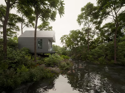 Modern detached villa nestled among lush trees with calm water and rocks 3d model