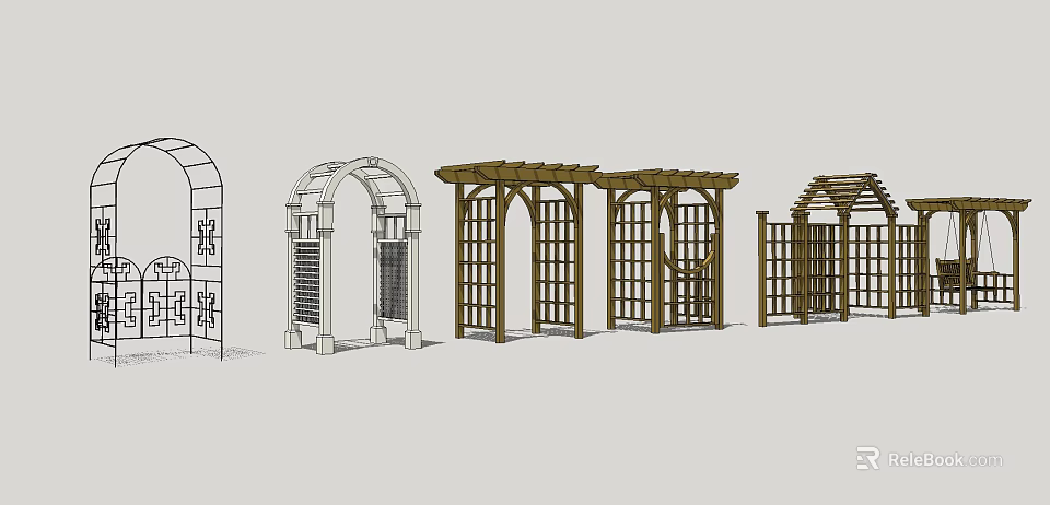 Various Pergola Designs With Wooden Frames Arched Tops And Latticed Panels For Gardens 3d model 