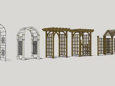 Various Pergola Designs With Wooden Frames Arched Tops And Latticed Panels For Gardens 3d model