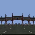 Chinese Traditional Multi Gate Archway With Red Gold Ornamental Roof And Blue Sky